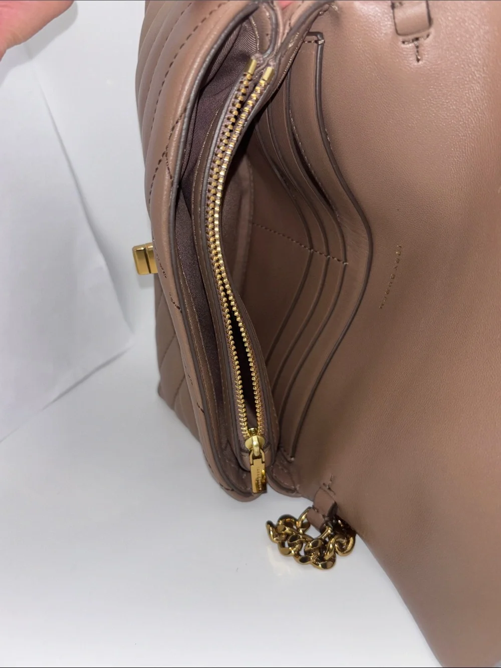Tory Burch Taupe Chevron Quilted Chain Crossbody